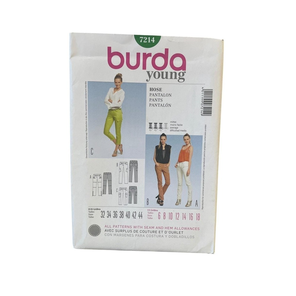 Burda 7214 Young Pants Sewing Pattern Sizes 6-18‎ Modern Fit